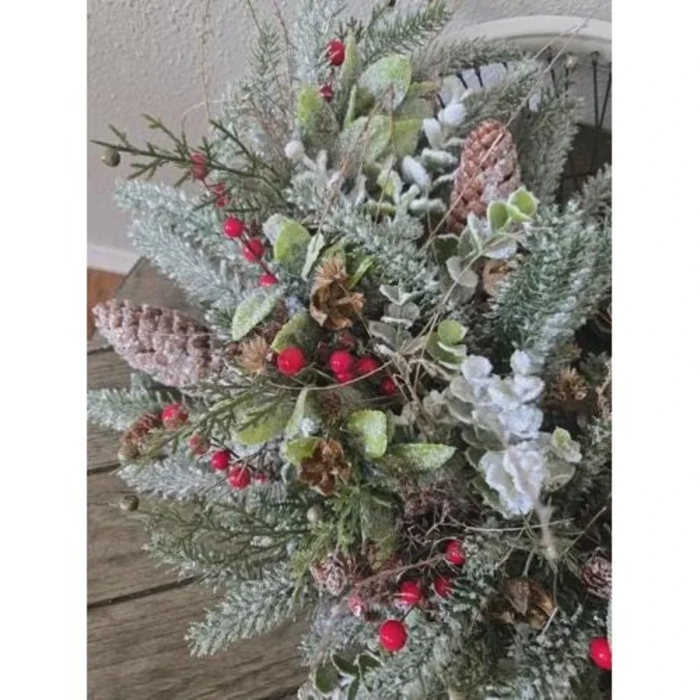 Vintage Bicycle Wheel Christmas Wreath Door Hanger Frosted Glitter Greenery
